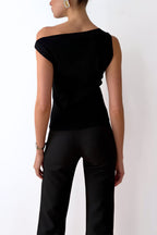 Black one-shoulder cotton knit top with asymmetric neckline