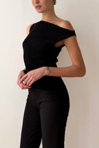 Black one-shoulder cotton knit top with side asymmetric neckline