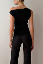 Back black one-shoulder cotton knit top with asymmetric neckline