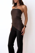 Strapless asymmetric cupro drape top in cacao