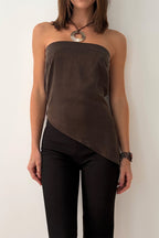 Strapless asymmetric cupro drape top in cacao