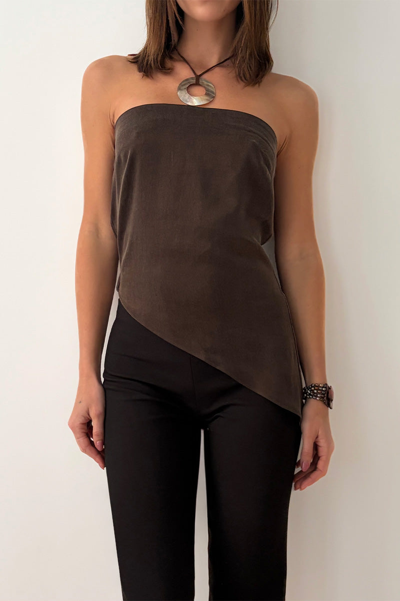 Strapless asymmetric cupro drape top in cacao