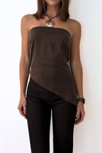 Strapless asymmetric cupro drape top in cacao