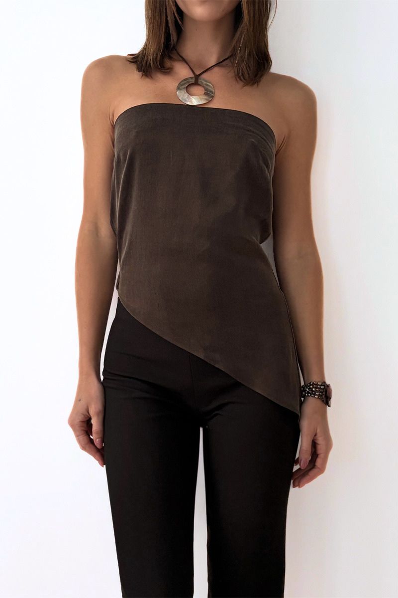 Strapless asymmetric cupro drape top in cacao
